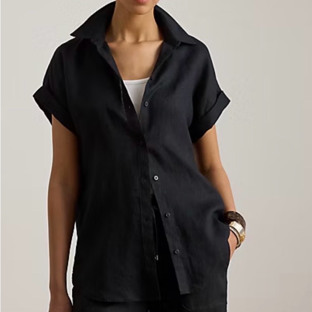 RALPH LAUREN Black Short-Linen Sleeve Button Front Shirt - Women's Top